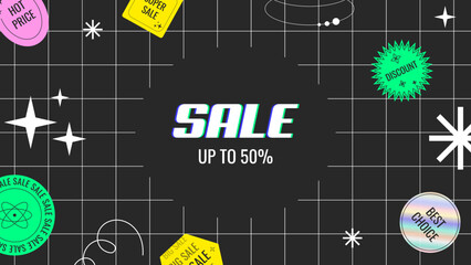 Web sale background taplate with trendy abstract sticker decoration. Modern y2k art banner for online promorion, store discount or social media post. Cover for black friday or cyber monday