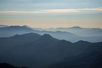 Beautiful view of the many layered mountains in the morning