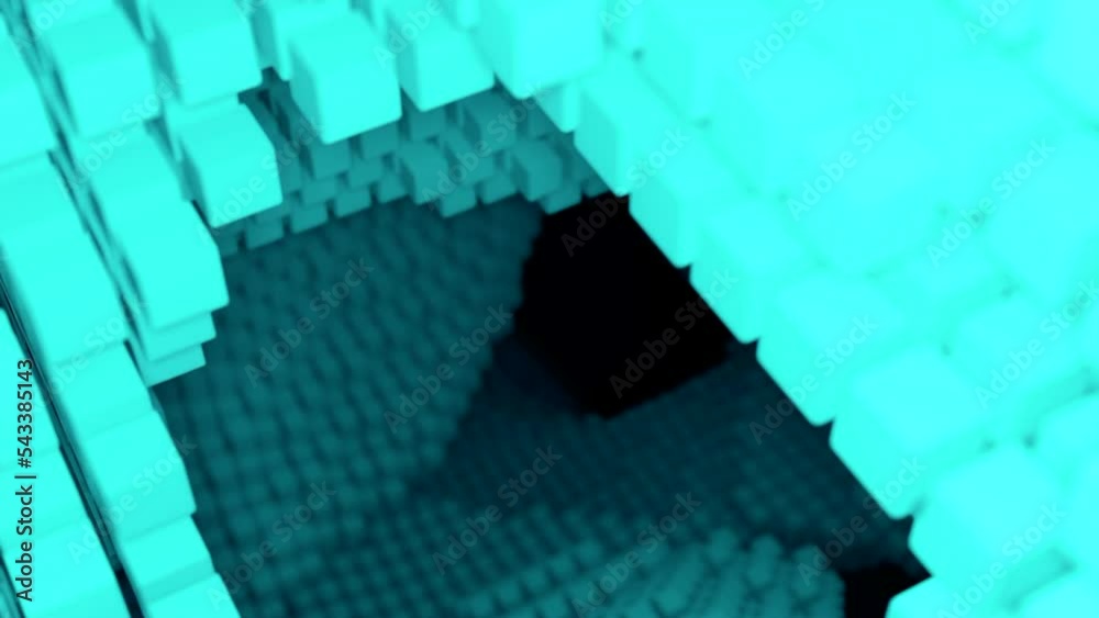 Poster 3d space with cubic shapes and steps. design. 3d shapes and abstract hills in cyberspace. projection