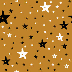 Winter, merry Christmas and happy new year seamless pattern postcard. Gold background with stars black and white. Texture on holidays theme. Wrapping paper