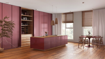 Minimalist japandi kitchen in red colored tones. Island and dining table with chairs, parquet floor. Luxury interior design