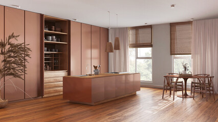 Minimalist japandi kitchen in orange colored tones. Island and dining table with chairs, parquet floor. Luxury interior design © ArchiVIZ