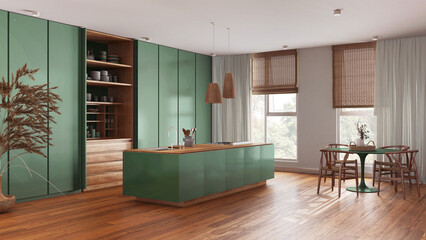 Minimalist japandi kitchen in green colored tones. Island and dining table with chairs, parquet floor. Luxury interior design