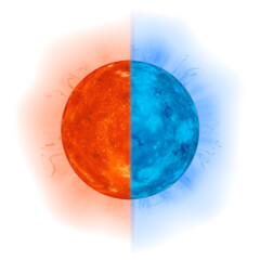 Glowing sun hot and cold with flames on transparent background - 543385524