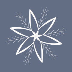 Snowflake in doodle style, winter holiday decoration on background.