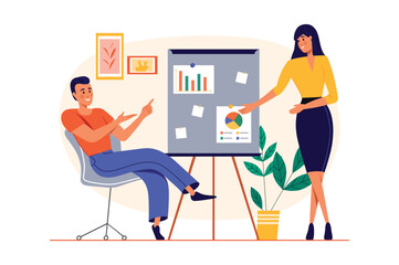 Leadership concept with people scene in the flat cartoon style. Business leader explains to an employee how to manage projects. Vector illustration.