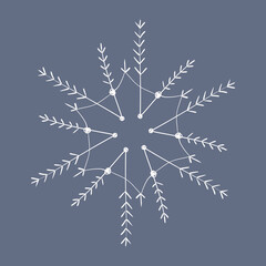 Snowflake in doodle style, winter holiday decoration on background.
