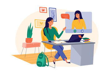 Online education concept with people scene in the flat cartoon style. Student communicates with her teacher using computer and Internet. Vector illustration.