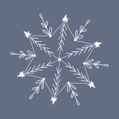 Snowflake in doodle style, winter holiday decoration on background.