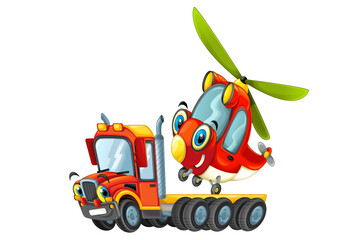 cartoon tow truck driver with vehicle helicopter isolated
