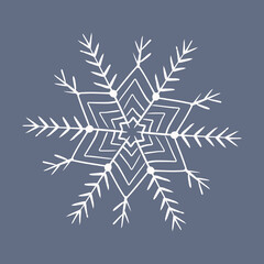 Snowflake in doodle style, winter holiday decoration on background.