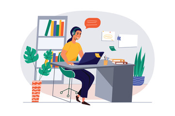 Concept call center with people scene in the flat cartoon design. Call center employee answers the client's question. Vector illustration.