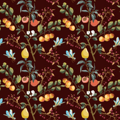 Seamless pattern with fruits and dragonfly. Wallpaper with peach, apple and pear.