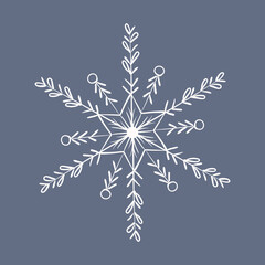 Snowflake in doodle style, winter holiday decoration on background.