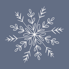 Snowflake in doodle style, winter holiday decoration on background.