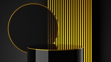 Podium in black and gold colours. Modern style abstract 3d rendered background.