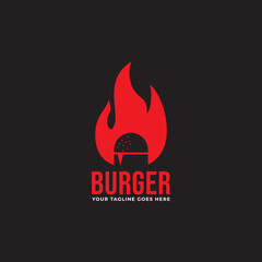 burger with fire, grilled burger logo design vector
