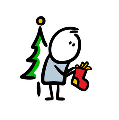 Naklejka premium Doodle stickman with sock and presents under the christmas tree.