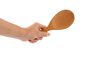 Hand and rustic wooden spoon isolated on transparent background 