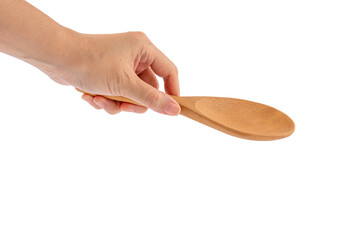 Hand and rustic wooden spoon isolated on transparent background 