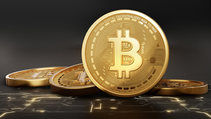 Bitcoin Cryptocurrency Digital Bit Coin standing on circuit board, BTC Currency Technology Business Internet Concept. 3d rendering