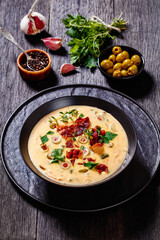 Beer cheese soup in bowl, top view