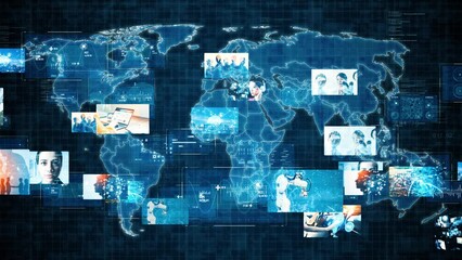 World map and visual contents. Video distribution service. Social media. - Powered by Adobe