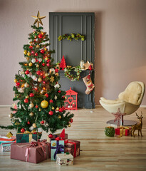 New year interior room concept with black fireplace, Christmas tree ornament, armchair and gift box style.