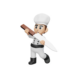 3d rendering chef character illustration with kitchen knife