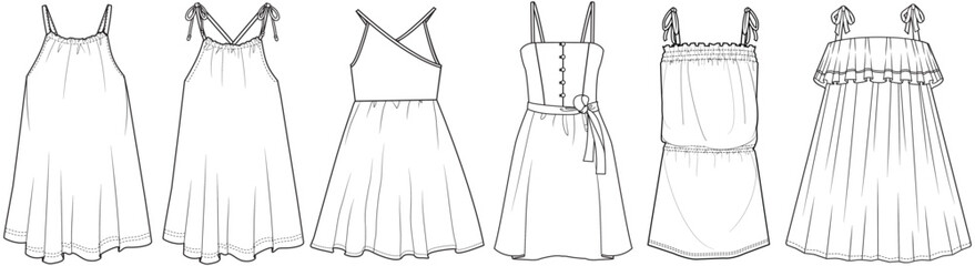 girls strappy dress flat sketch vector illustration a line summer beach dress, sundress technical cad drawing template