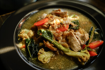 Stir Fried Noodles with Pork and Kale in Gravy  Chinese food and Thai food called  