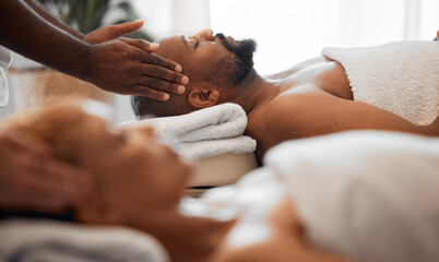 Relax man, head massage and couple on spa massage table for facial, wellness and stress relief...
