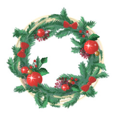 Christmas wreath with floral elements and holiday toys.