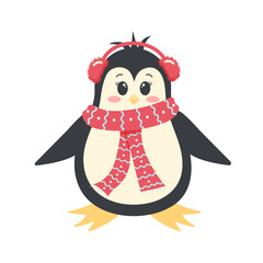 Cute penguin in winter headphones and scarf. Antarctic bird, cartoon character isolated on white background.