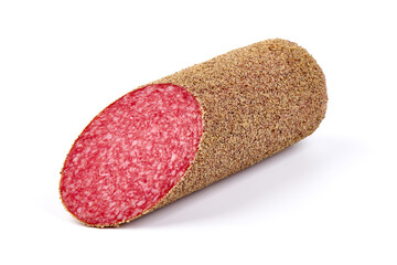Peppered salami sausage, Isolated on white background.
