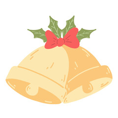 Golden bell with red bow in cartoon flat style. Hand drawn vector illustration of Christmas symbol