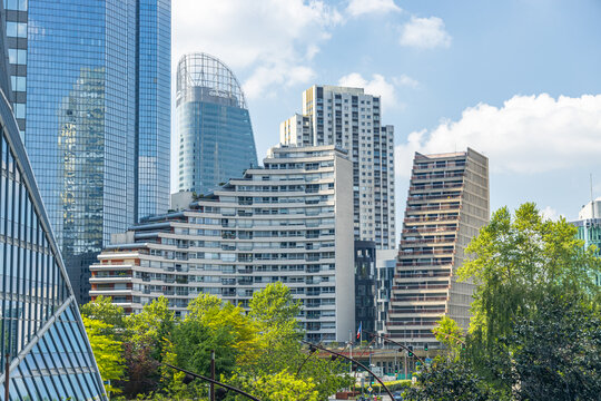 Residential buildings and Engie tower , the Tour T1,  in La Defense business district in Paris, France