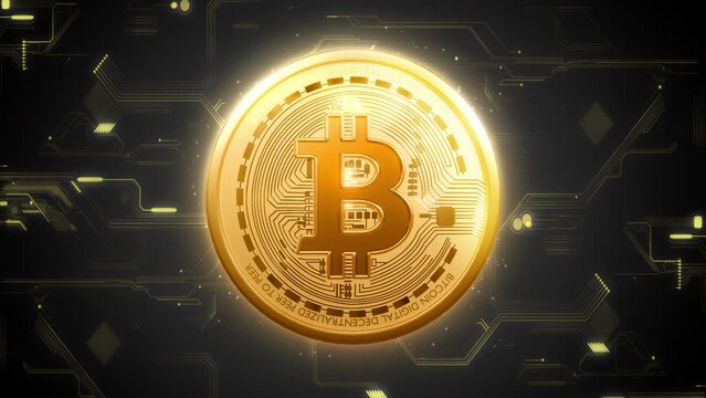 Golden bitcoin digital currency on world map, futuristic digital money, technology worldwide network concept 3D rendering