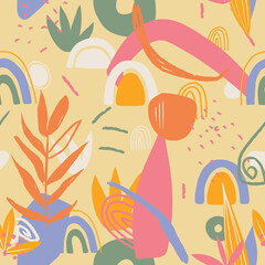 Colorful, abstract shapes, seamless pattern. Sketch flat drawing. Botanical collage in modern trendy style. Organic Shapes, hand drawn motifs. Pastel, colorful, rustic colors