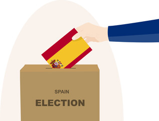 Spain election and vote concept, man hand and ballot box, election day, Spain flag vector