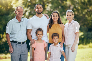 Family, smile and nature park happiness with quality time together with parent love and children. Portrait of happy kids, mother and dad with grandparents bonding in summer with big family
