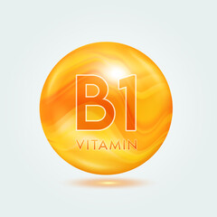 Vitamin B1 capsule orange golden. Beauty nutrition skincare. Vitamins complex isolated on gray background. For product design. Medical and scientific concepts. Icon 3D Vector EPS10.