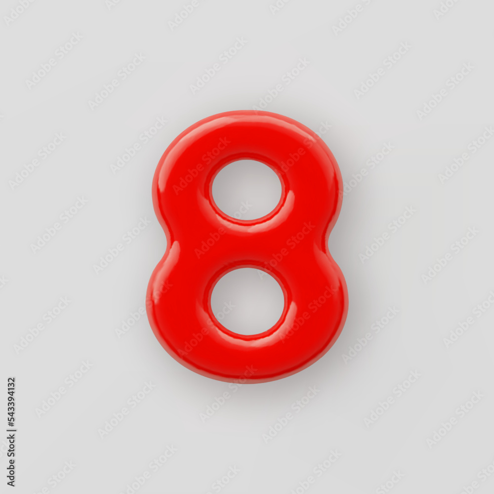 Fototapete 3d red plastic number 8 with a glossy surface on a gray background.