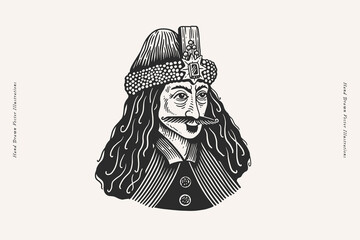 Vampire Count Dracula in engraving style. Hand drawn portrait of Vlad Tepes on a light background. Famous literary and historical character. Vector isolated illustration. © KOSIM