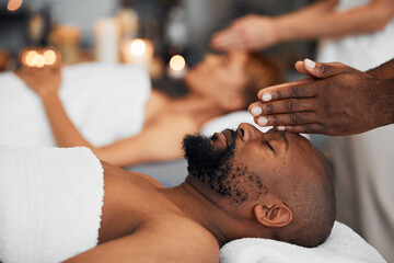 Black man, head massage and being calm, relax and clear mind being stress free, release tension and...