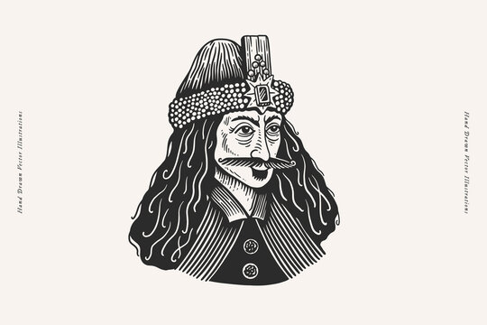 Vampire Count Dracula in engraving style. Hand drawn portrait of Vlad Tepes on a light background. Famous literary and historical character. Vector isolated illustration.