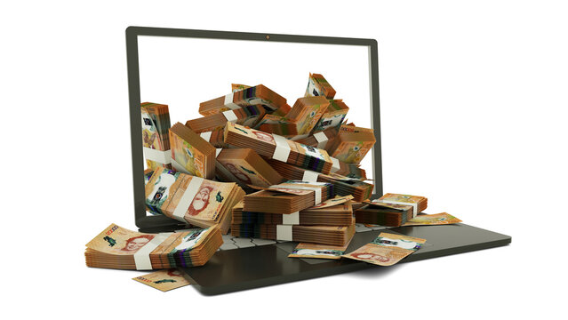 3D rendering of Costa rican colon notes coming out of a Laptop monitor isolated on white background. stacks of colon notes inside a laptop. money from computer, money from laptop
