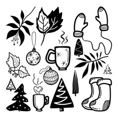 Set with Christmas elements in doodle style.