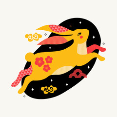 Chinese New Year 2023. Chinese zodiac Rabbit symbol. Lunar New Year. Moon hare runs across the starry sky. Happy Mid Autumn Festival. Square card with asian style. Colored flat vector illustration.