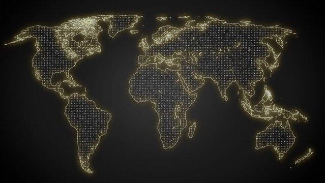 World map digital abstract technology with worldwide network data all over Earth continents. World map concept with gold light and golden dots on black background. Digital world map.